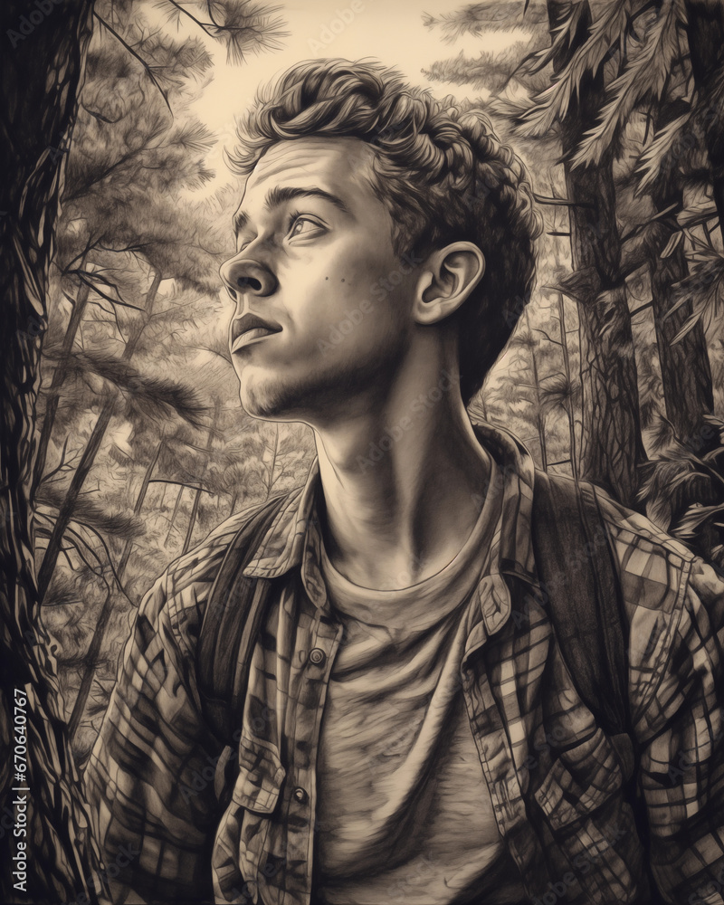 Young Man, Boy, Hiking Through the Forest, greyscale pencil drawing. (generative AI)