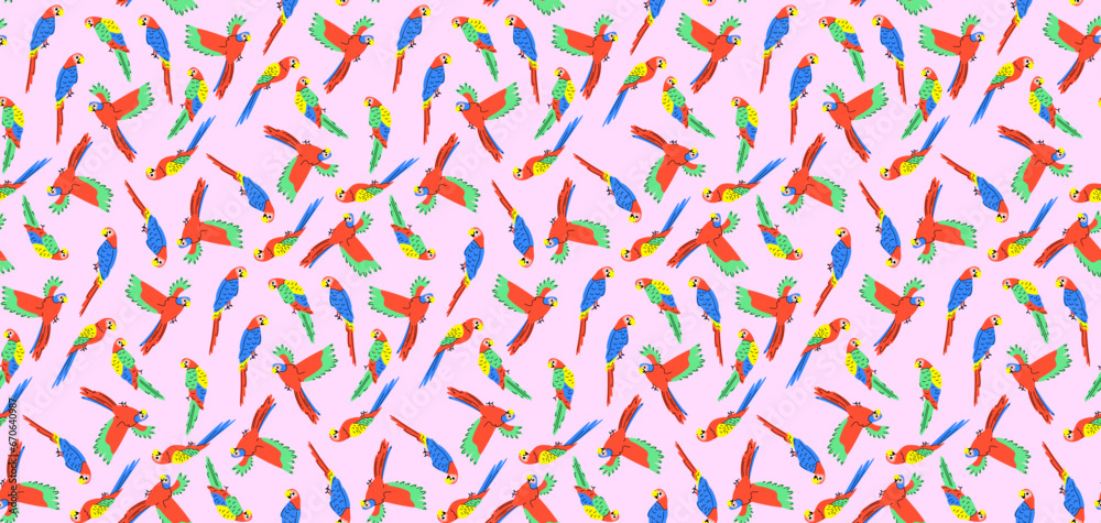 Colorful pattern with parrots in flat style. Vector seamless background with cute parrot characters.