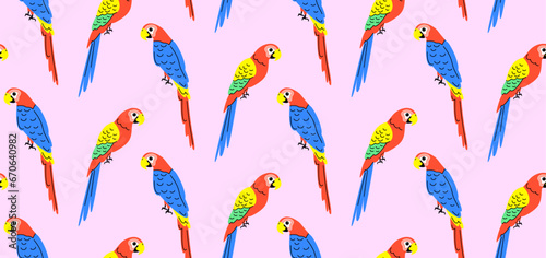 Colorful pattern with parrots in flat style. Vector seamless background with cute parrot characters.