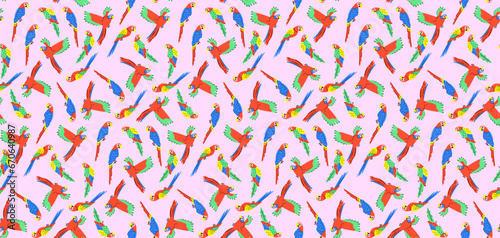 Colorful pattern with parrots in flat style. Vector seamless background with cute parrot characters.