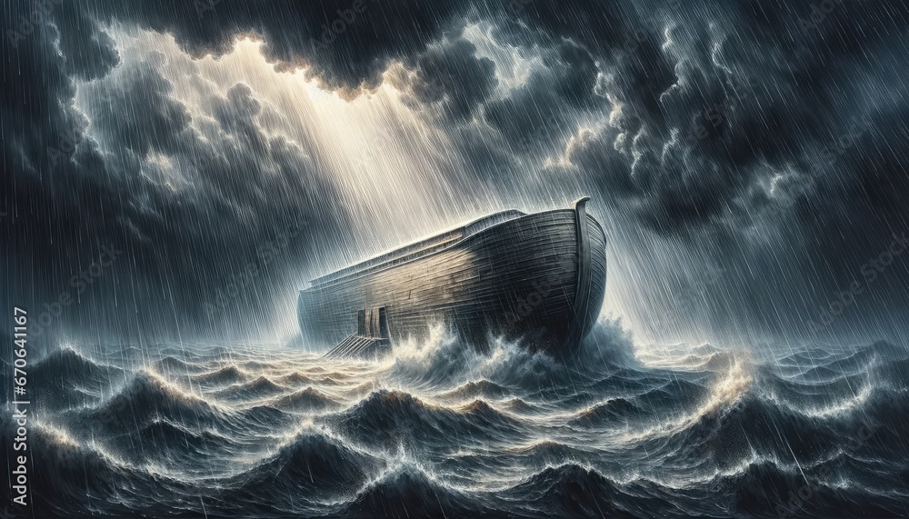 Noah's Ark amidst the pouring rain during the flood. Stock Photo ...