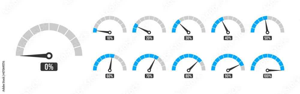 Percentage meter gauge element. Speedometer icon set or percentage loading bar. Vector illustration. - obrazy, fototapety, plakaty 