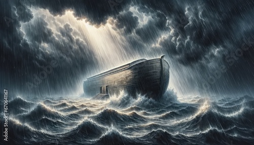 Noah's Ark amidst the pouring rain during the flood.