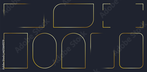 Golden frames set. Gold frame angles and border elements. Luxury geometric borders on dark blue background. Rectangle, oval and transparent corners shapes. Vector illustration.