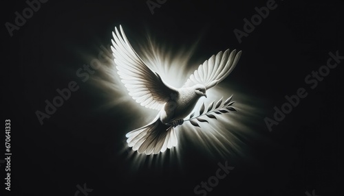 White dove with olive branch on dark background. Symbol of peace and love.
