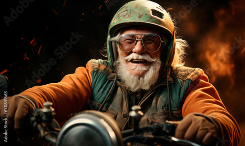 Expressive alternative Santa Claus riding motorcycle celebrating christmas photo
