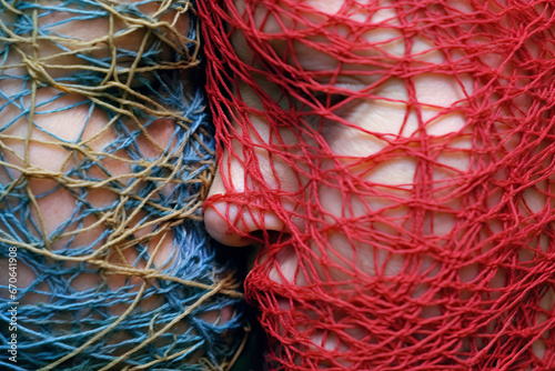 Faces of two people kissing entangled in colorful net