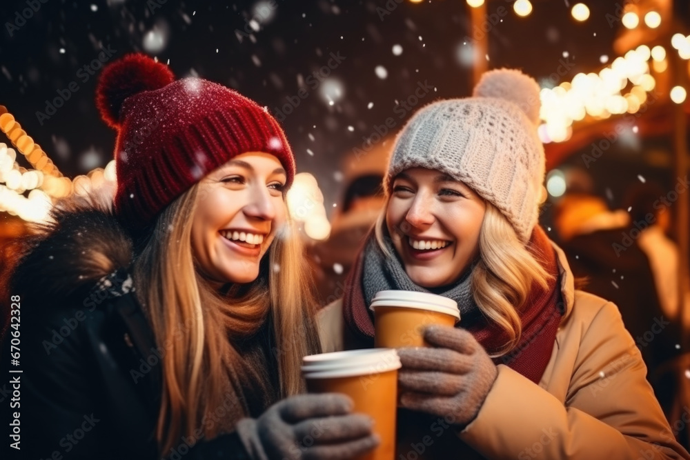 Two beautiful female friends having god time on traditional Christmas market, drinking hot beverages on winter evening Two beautiful female friends having god time on traditional Christmas market, drinking hot beverages on winter evening