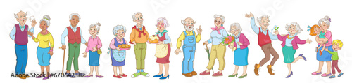 Group of happy elderly people. Men and women of different nationalities. Various poses, attitudes and emotions. In cartoon style. Isolated on white background. Vector illustration