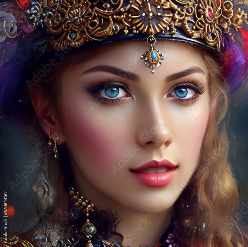 Elegant Woman with Blue Eyes and Shiny Jewelry