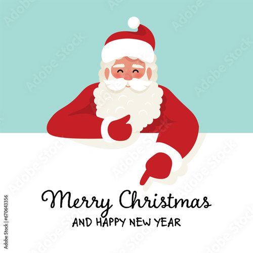 Santa Claus with white banner. Merry Christmas Greeting Cart. Cute Vector illustration in cartoon flat style