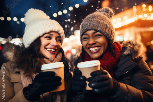 Two beautiful mix race female friends having god time on traditional Christmas market, drinking hot beverages on winter evening