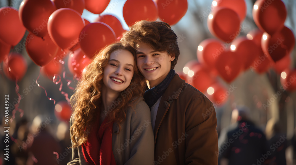 Pareja latina celebrando el Día de San Valentín con globos rojos y corazones