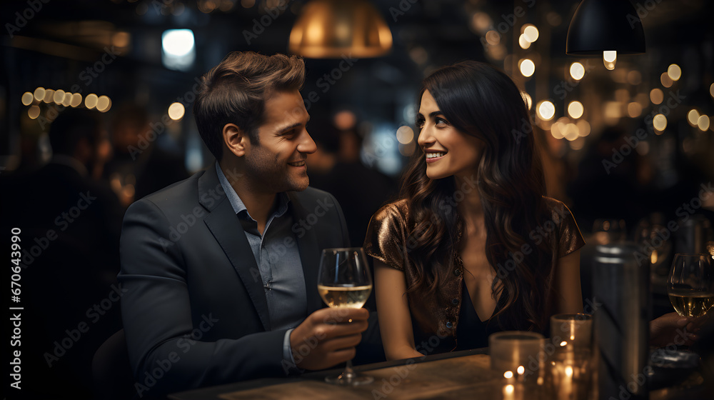 Amor en cada detalle: Cena romántica para dos restaurante pareja brindando con champaña y luces brillantes - obrazy, fototapety, plakaty 