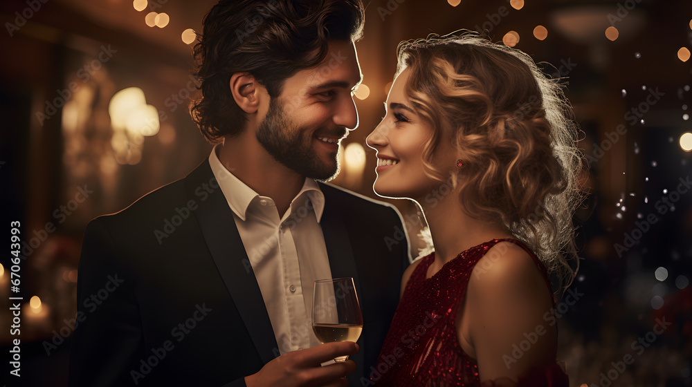Amor en cada detalle: Cena romántica para dos restaurante pareja brindando con champaña y luces brillantes - obrazy, fototapety, plakaty 