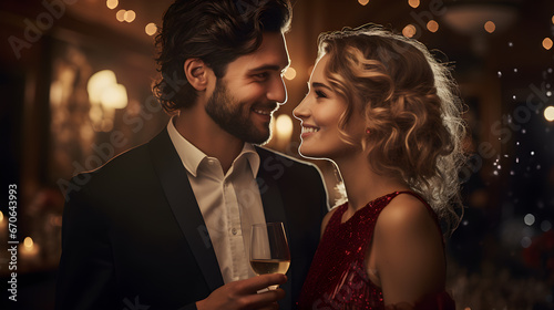 Amor en cada detalle: Cena romántica para dos restaurante pareja brindando con champaña y luces brillantes photo