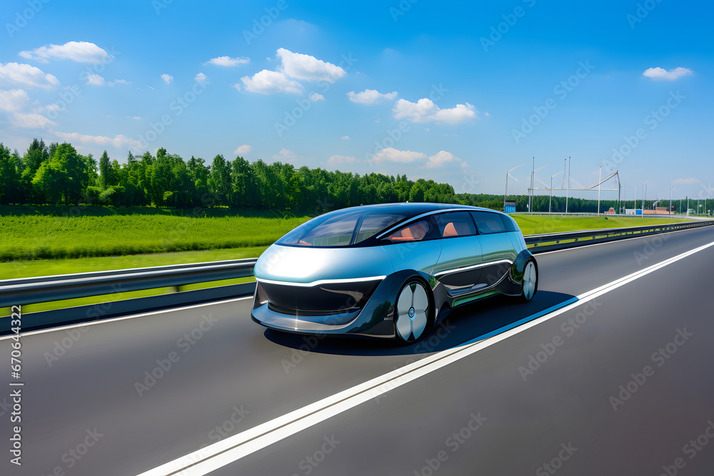 Spacious self-driving vehicle: futuristic unmanned concept car for group transportation, gliding on the highway against a green landscape
