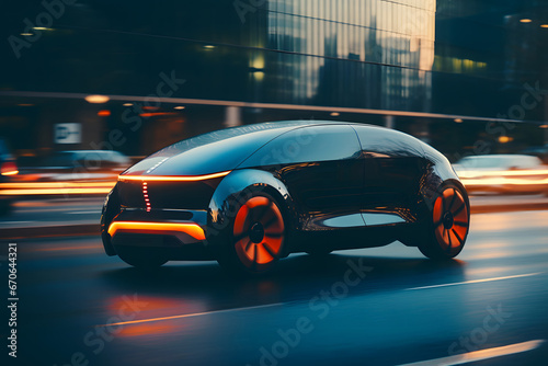 Self-driving car: futuristic concept of unmanned vehicle gliding on an urban road at dusk  © Giotto