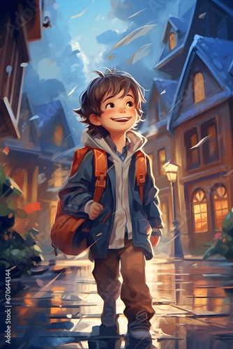 illustration of a boy carrying a bag on the road in the middle of the city