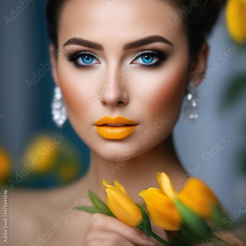 Retrato mujer de ojos azules maquillada con los labios pintados de naranja y con unas flores color naranja en la mano  photo