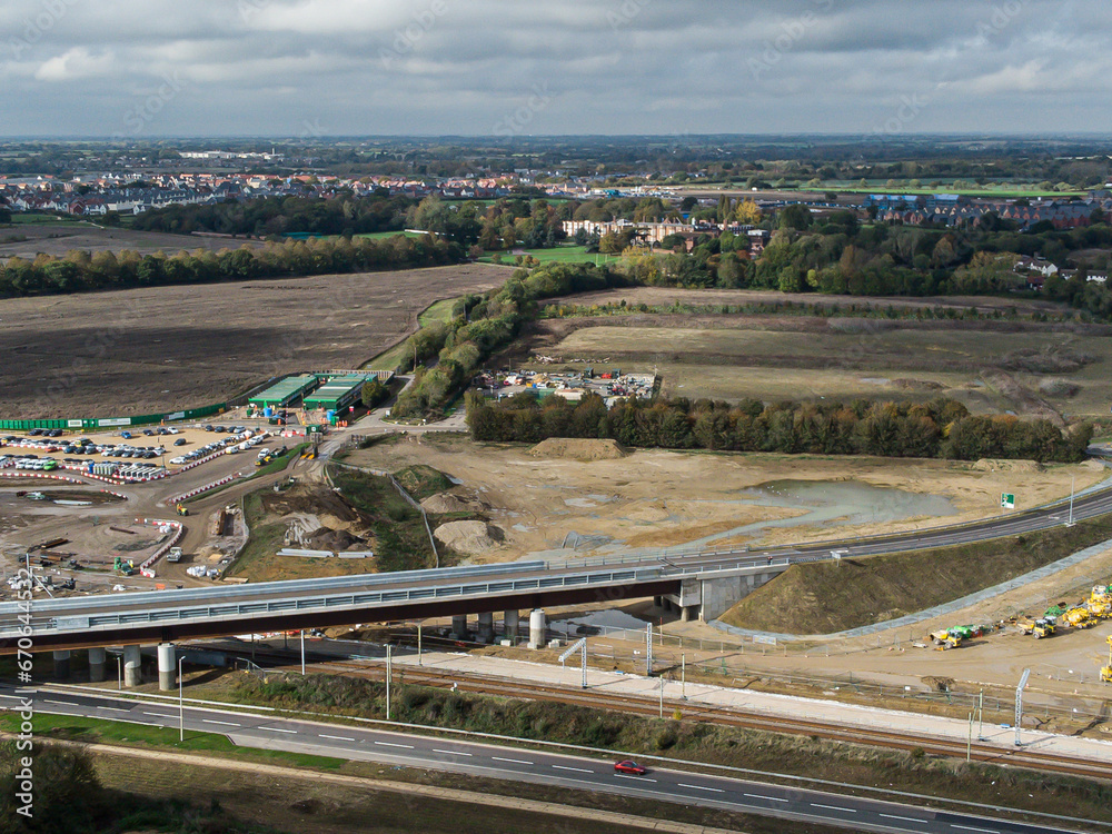 Aerial view of new Beaulieu Parkway slip road. Opened on 30th October 2023, the Beaulieu Parkway Bridge connects the A12 to the expanding Beaulieu Park housing estate.