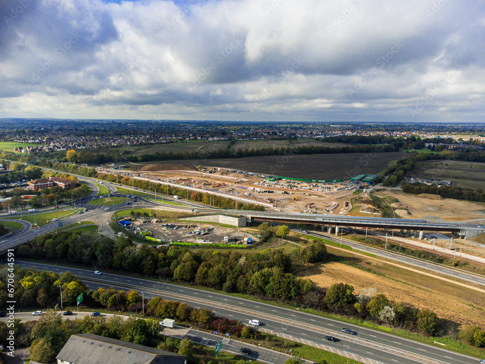 Aerial view of new Beaulieu Parkway slip road. Opened on 30th October 2023, the Beaulieu Parkway Bridge connects the A12 to the expanding Beaulieu Park housing estate.