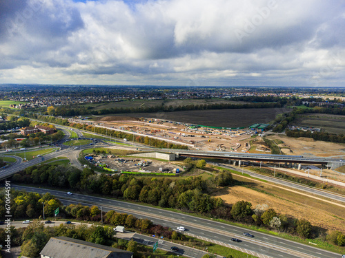 Aerial view of new Beaulieu Parkway slip road. Opened on 30th October 2023, the Beaulieu Parkway Bridge connects the A12 to the expanding Beaulieu Park housing estate. © gregsawyer