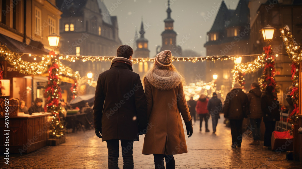 A couple in love walks through the Christmas market in the evening. Festively decorated streets.