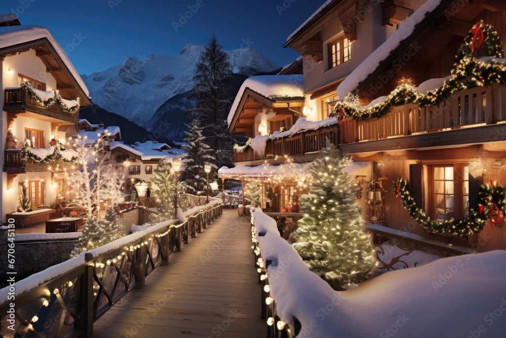 Obraz premium Festively decorated streets of the mountain resort on Christmas evening.