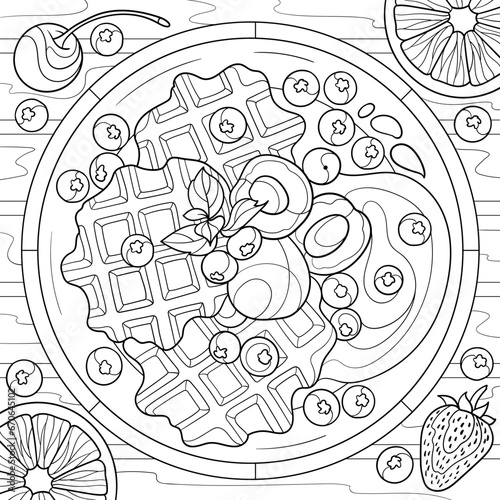 Food coloring page, belgian waffles with fruits dessert. Tasty sweet breakfast idea with apricot, plum, cherry, citrus, blueberry, strawberry