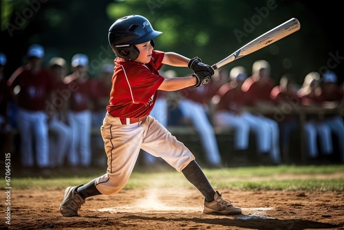Boy in red and white baseball uniform swinging bat with intensity. Youth baseball match.