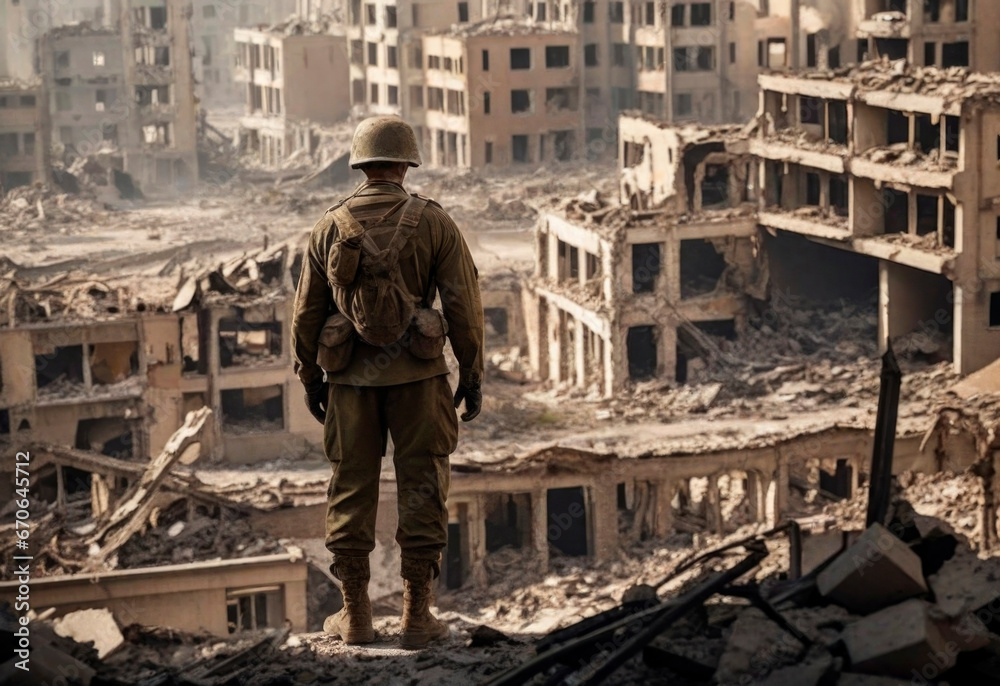 Soldier looking at a totally destroyed city after war. AI Generative