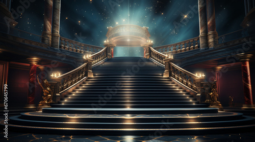 A staircase mockup in a theater with a red carpet photo