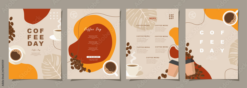 Set of sketch banners with coffee beans and leaves on colorful background for poster, cover, menu or another template design. vector illustration. - obrazy, fototapety, plakaty 