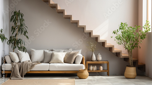 A minimalist staircase mockup with geometric shapes in a modern home