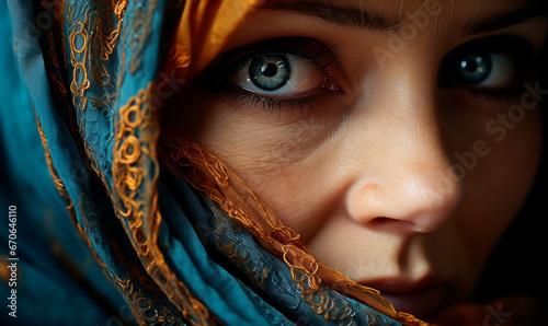 Mature muslim woman with blue eyes and wrinkles looking at camera wearing traditional hijab​ photo