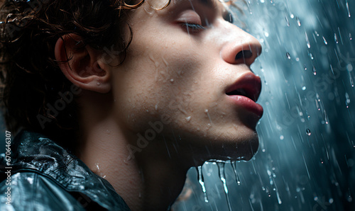 Young man outdoors in city stret on rainy day with raindrops on his face in winter photo