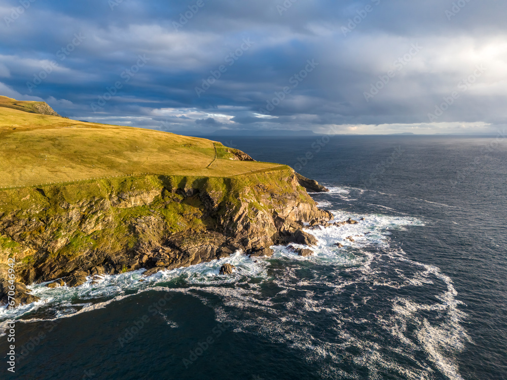 Aerial view of the beautiful coast at Malin Beg in County Donegal, Ireland.