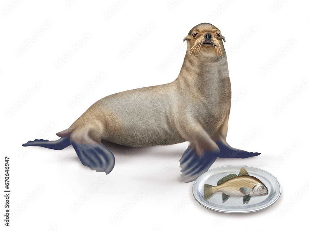 Fototapeta premium lion de mer, poisson, vieille, faune, mammifère, brun, mer, fond blanc, plateau, poisson, manger, frais, 