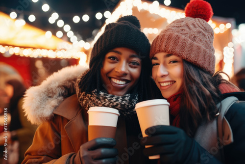 Two beautiful mix race female friends having god time on traditional Christmas market, drinking hot beverages on winter evening