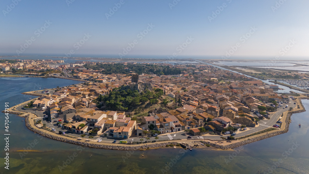 Aerial drone photo of the old town centre in the French coastal city named Gruissan. 