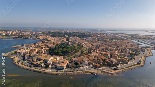 Aerial drone photo of the old town centre in the French coastal city named Gruissan. 