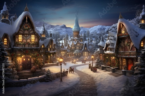 Magical Christmas night scene. Winter village landscape.