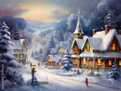 Magical Christmas night scene. Winter village landscape.