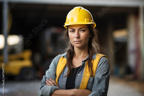 Female construction worker with yellow helmet with out of focus building under construction.