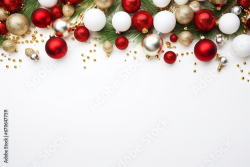 Christmas and New Year colorful balls and stars lying on white flat lay background.