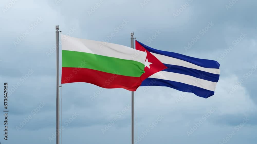 Cuba and Bulgaria flag waving together on cloudy sky, endless seamless loop, two country cooperation concept