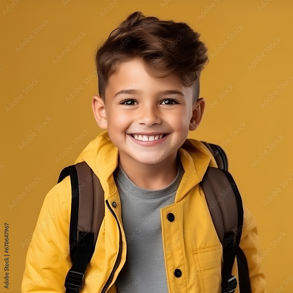 Happy boy carries his backpack because he is going back to school on a yellow background Happy boy carries his backpack because he is going back to school on a yellow background