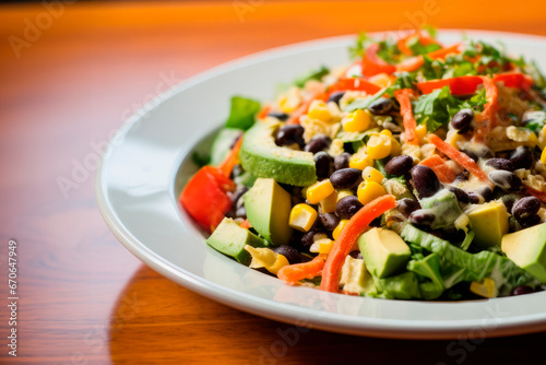 Tex-Mex Fusion: Colorful Salad with Black Beans, Corn, Avocado, Red Peppers, Cheddar Cheese, and Chipotle Ranch Dressing - A Nutritious and Flavorful Culinary Bowl of Southwestern Gastronomy.




