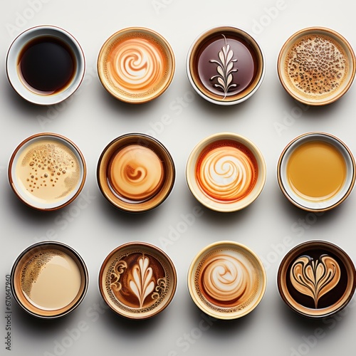 Coffee cups on tables and plain backgrounds with a variety of art shapes and colors, good for use in businesses, shops, places, relaxing, relaxation, promotions, social media, etc. Generative Ai image